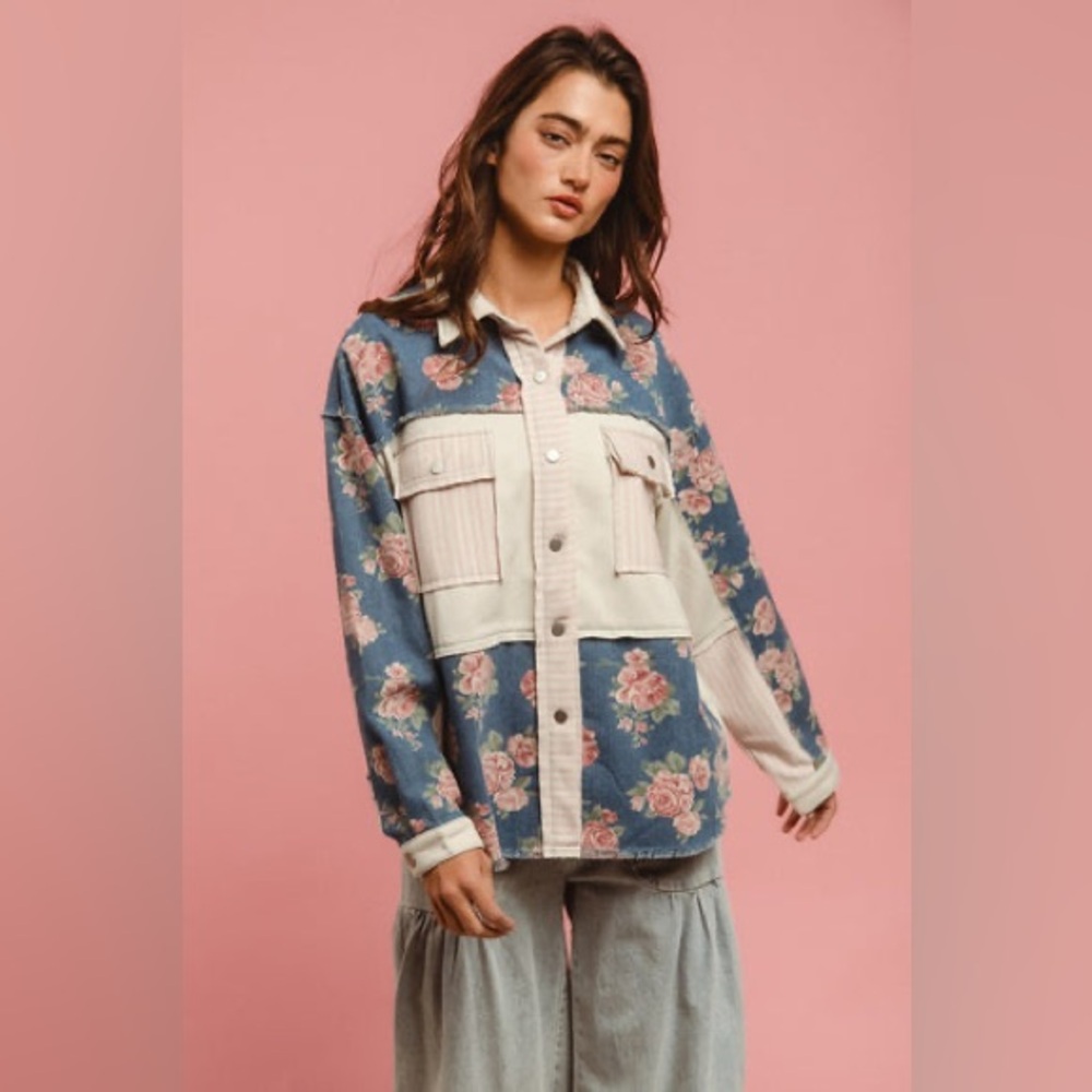 BiBi Printed Denim and Mix n Match Fabric Top in Denim Mix